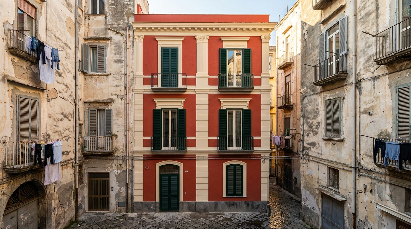 Restored Pompeian-red 19th-century townhouse on Vicoletto Mauro, between two historic buildings of Rione Sanità